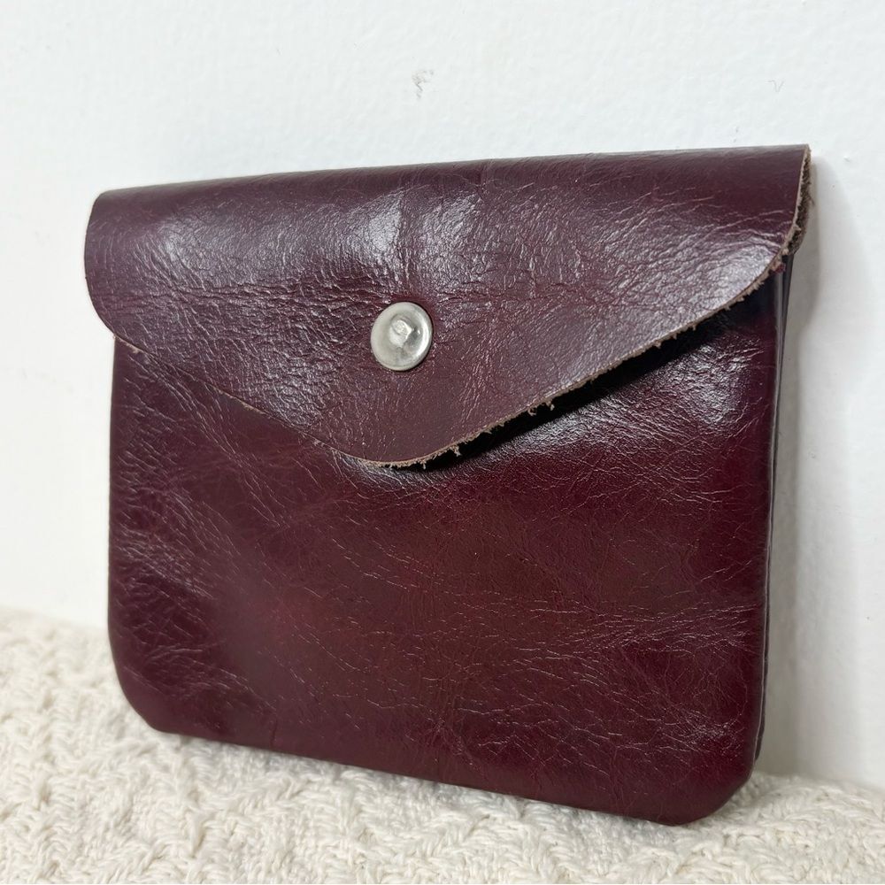 Burgundy Leather Coin Purse Key Ring Flap Zip Pouch Minimalist Wallet